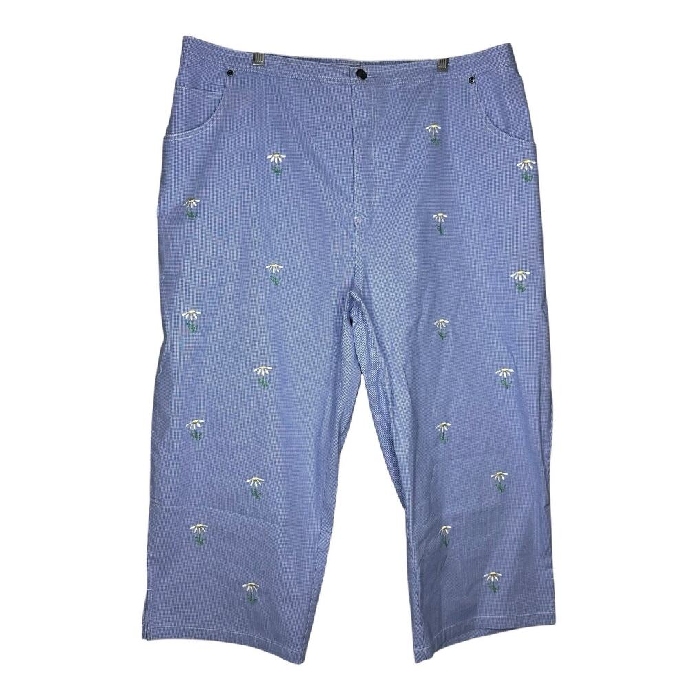 Quacker Factory 3X Embroidered Gingham Floral Ankle Cropped Pants Plus Size Blue